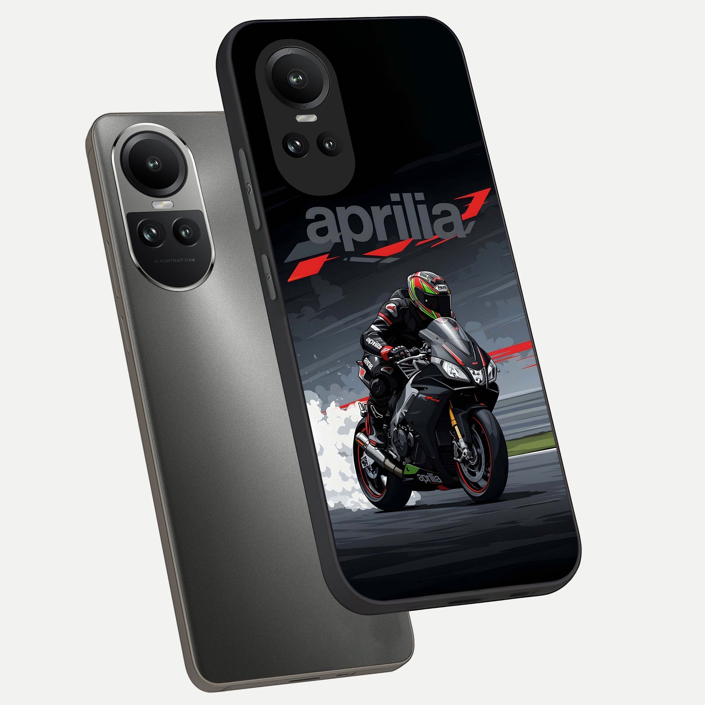  Dark Aprilla phone case For Oppo Reno 10 showing premium glass back cover with detailed artwork