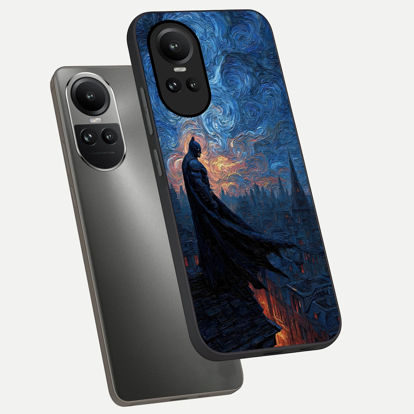  Dark Knight Dusk phone case For Oppo Reno 10 showing premium glass back cover with detailed artwork