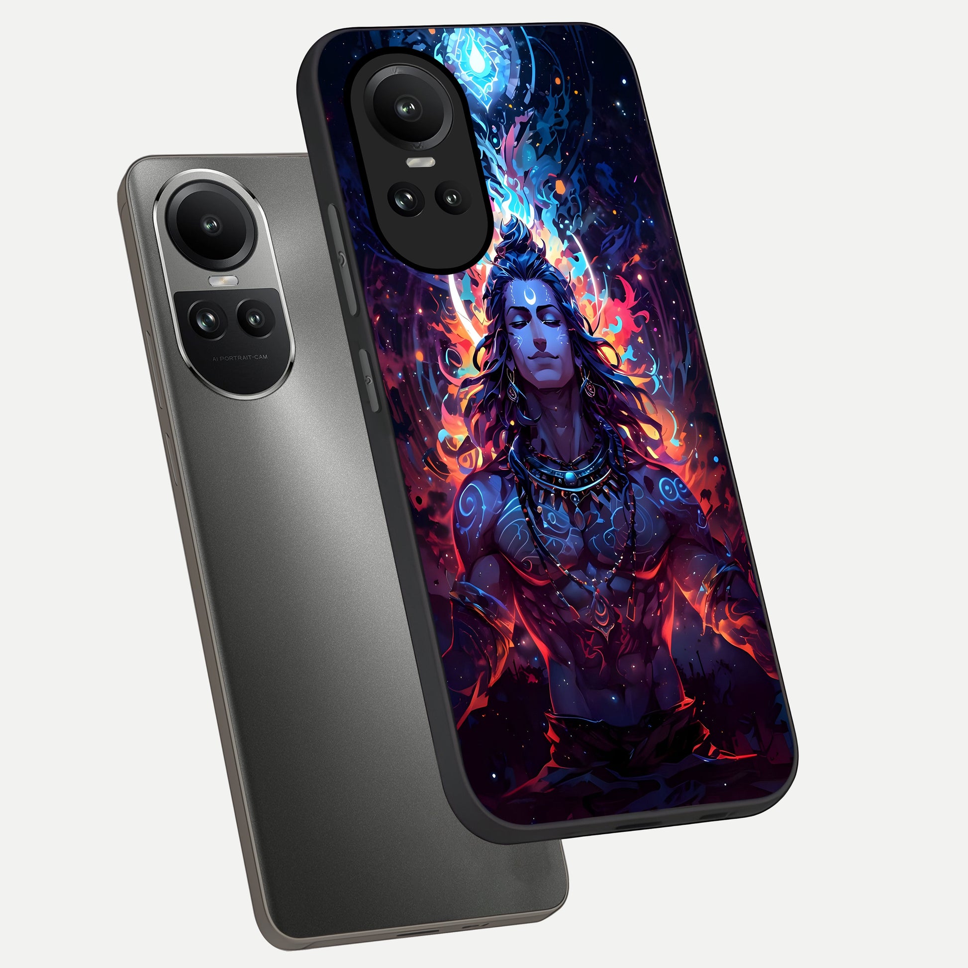  Divine Fire Shiv phone case For Oppo Reno 10 showing premium glass back cover with detailed artwork