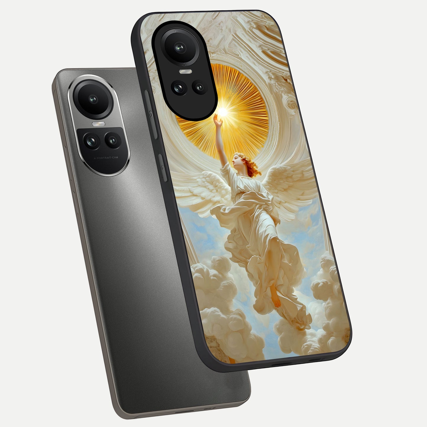  Divine Light Angel phone case For Oppo Reno 10 showing premium glass back cover with detailed artwork