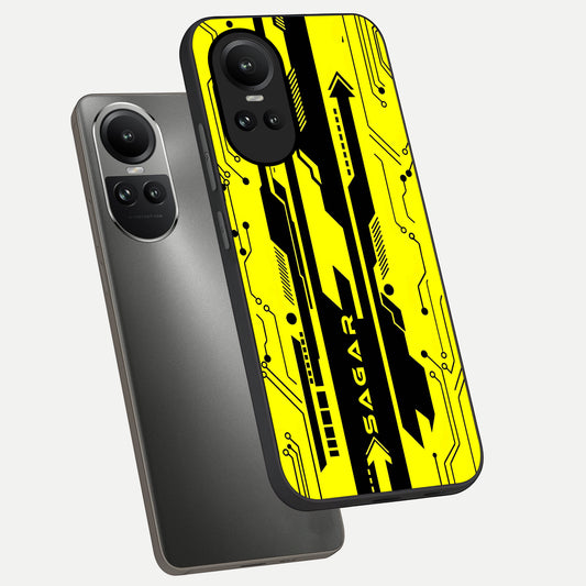  Electric Pulse CYBERPUNK Custom Name phone case For Oppo Reno 10 showing premium glass back cover with detailed artwork