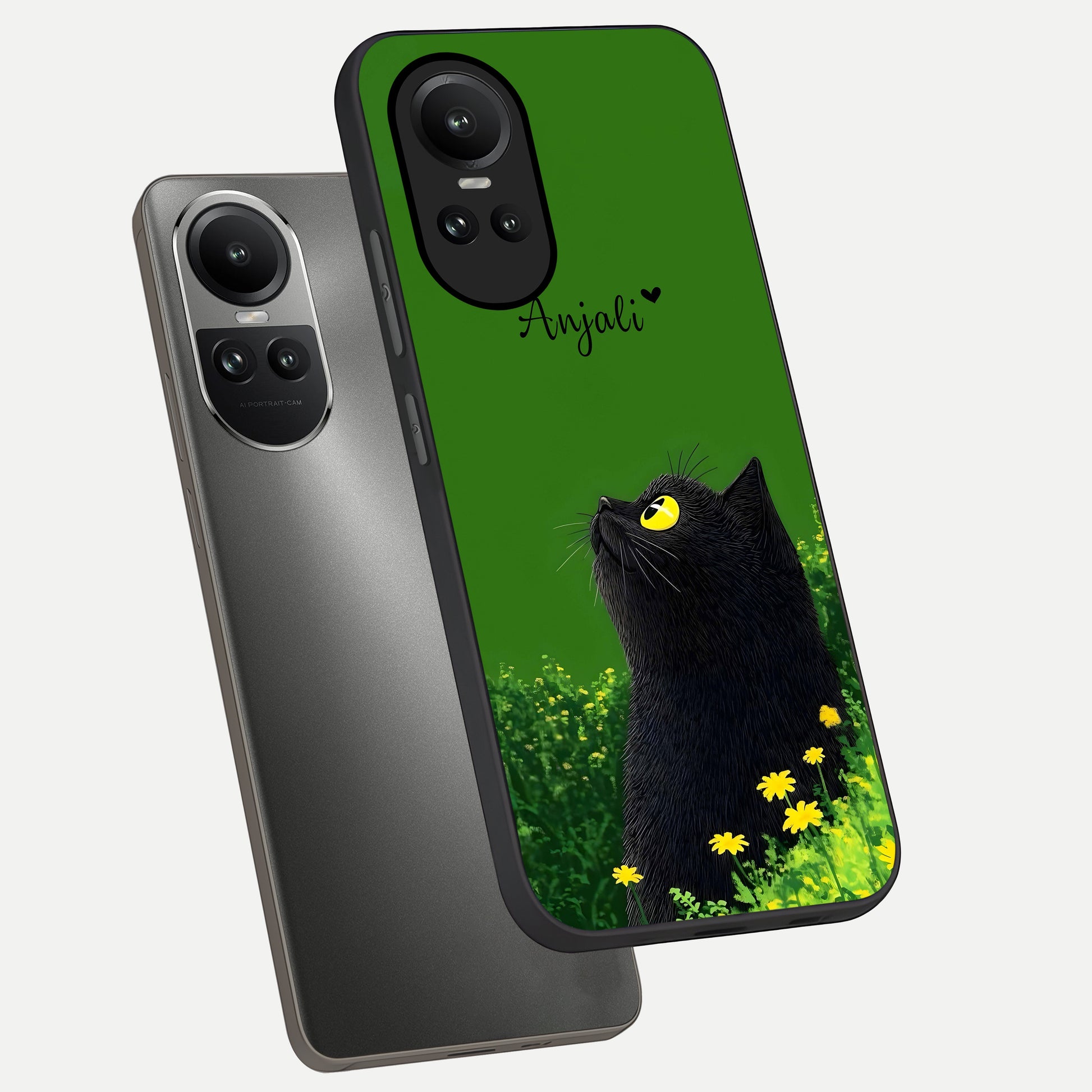  Emerald Cat Custom Name phone case For Oppo Reno 10 showing premium glass back cover with detailed artwork