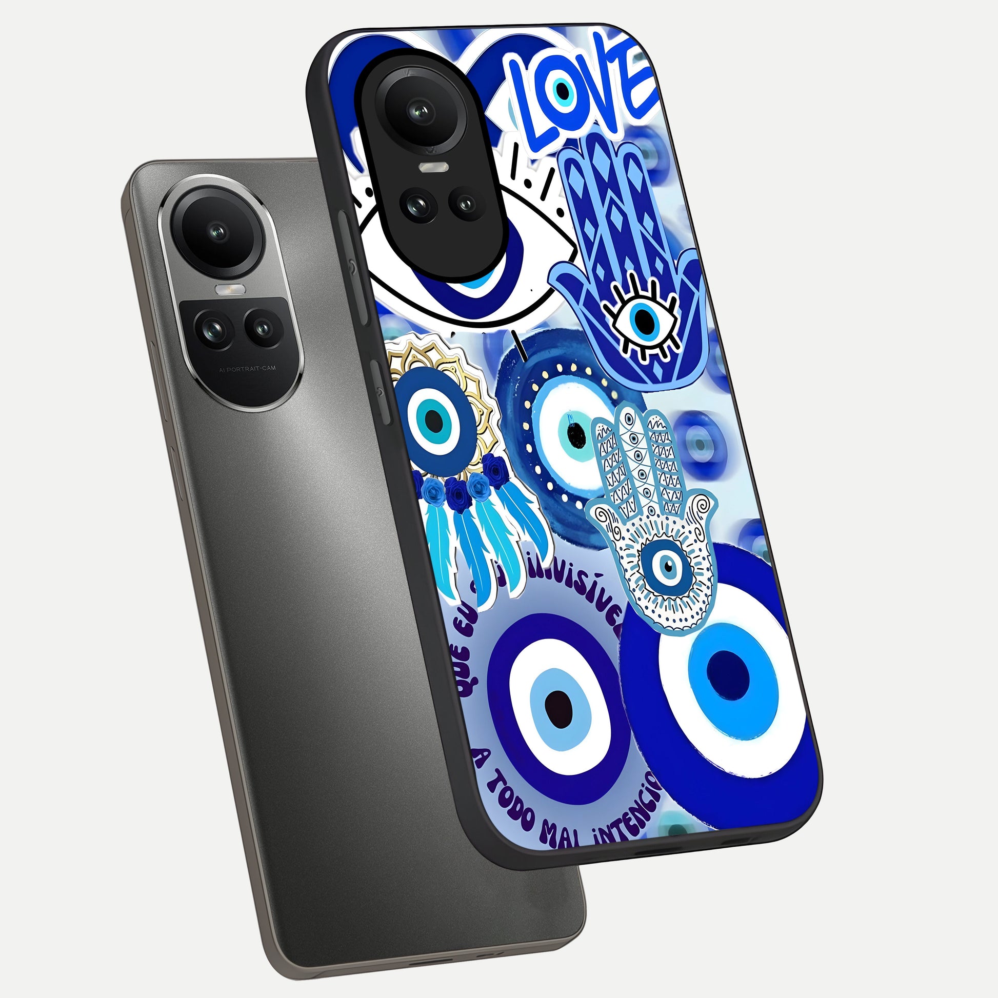  Evil Eyes Dream phone case For Oppo Reno 10 showing premium glass back cover with detailed artwork