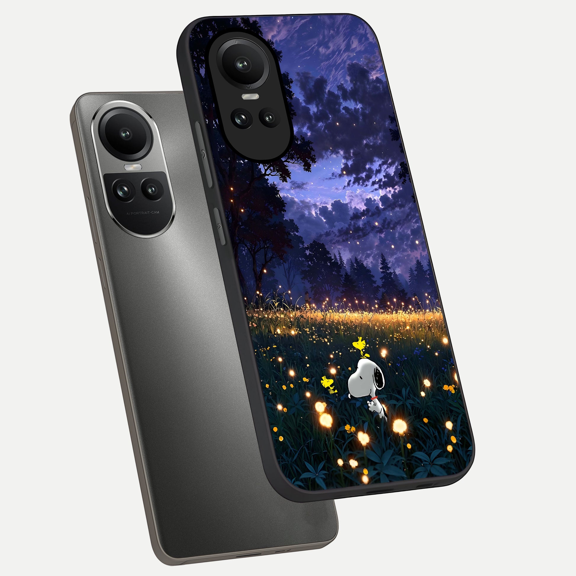  Firefly Meadow Magic phone case For Oppo Reno 10 showing premium glass back cover with detailed artwork