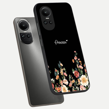  Floral Design Personalized Custom Name phone case For Oppo Reno 10 showing premium glass back cover with detailed artwork