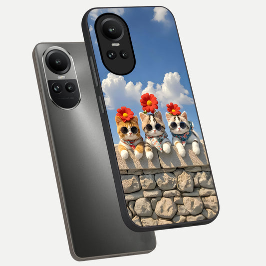  Floral Kitty Squad phone case For Oppo Reno 10 showing premium glass back cover with detailed artwork
