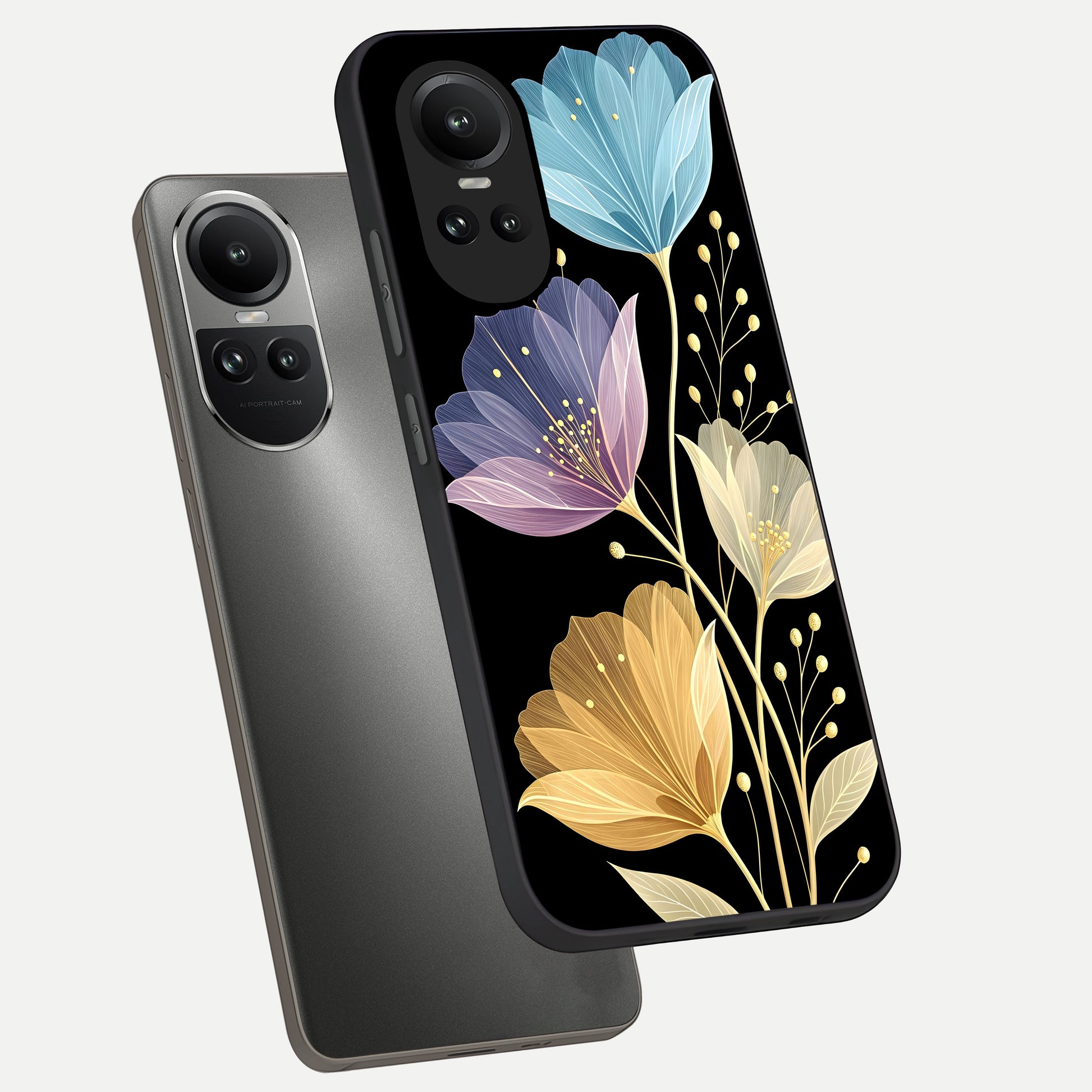  Flower Bloom Glow phone case For Oppo Reno 10 showing premium glass back cover with detailed artwork