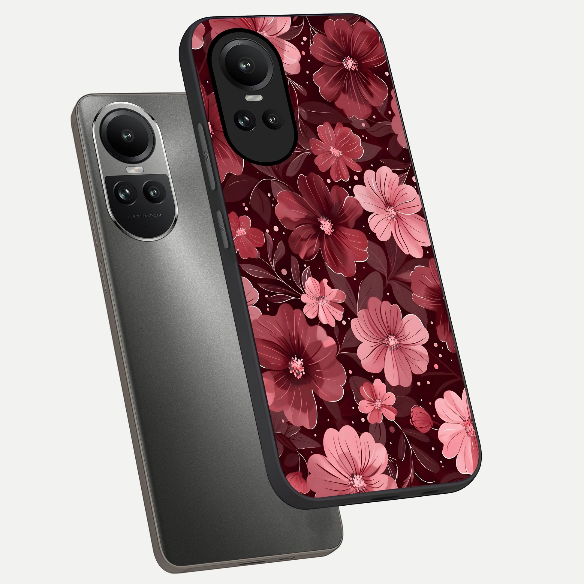  Flower Blush Bloom phone case For Oppo Reno 10 showing premium glass back cover with detailed artwork