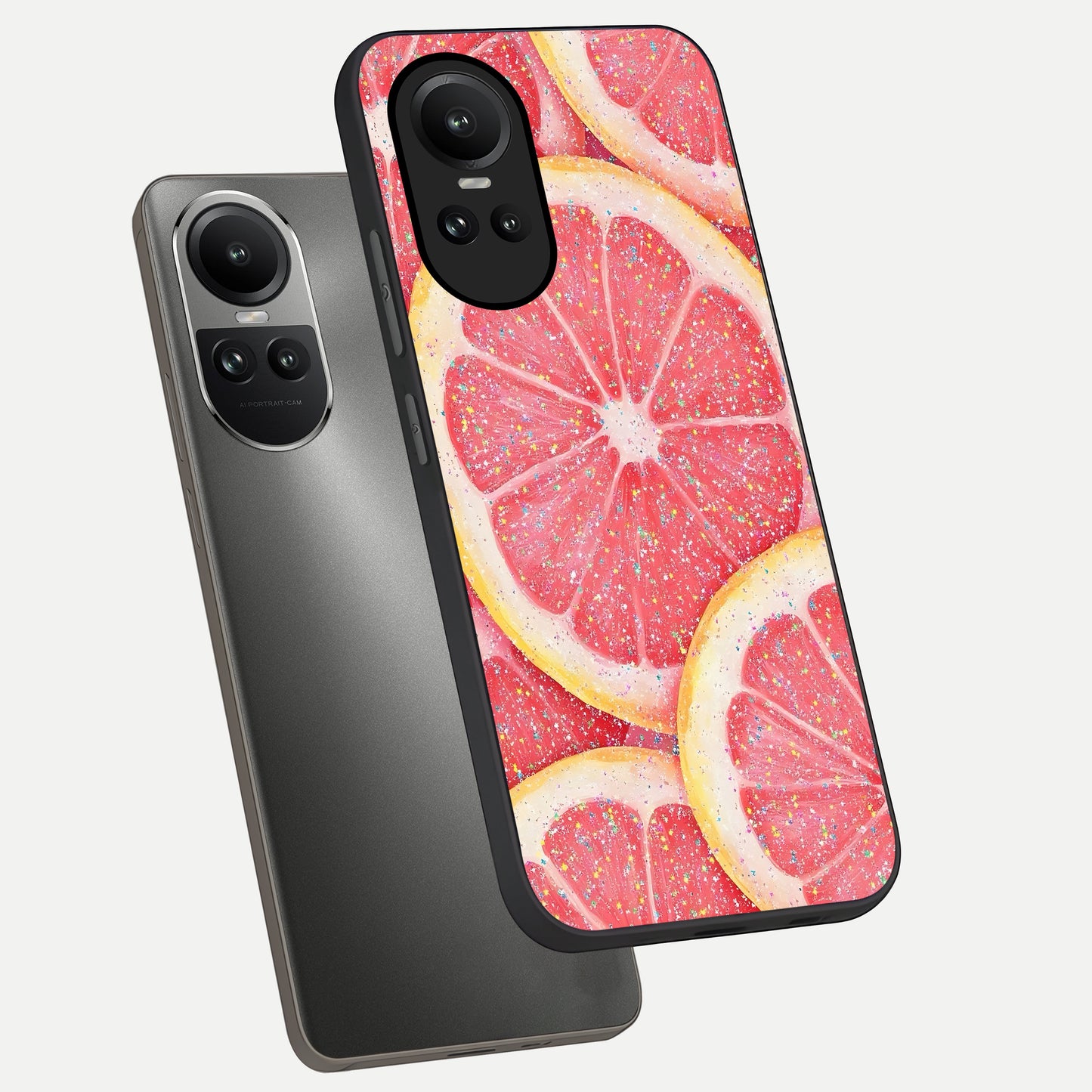  Glitter Grapefruit phone case For Oppo Reno 10 showing premium glass back cover with detailed artwork