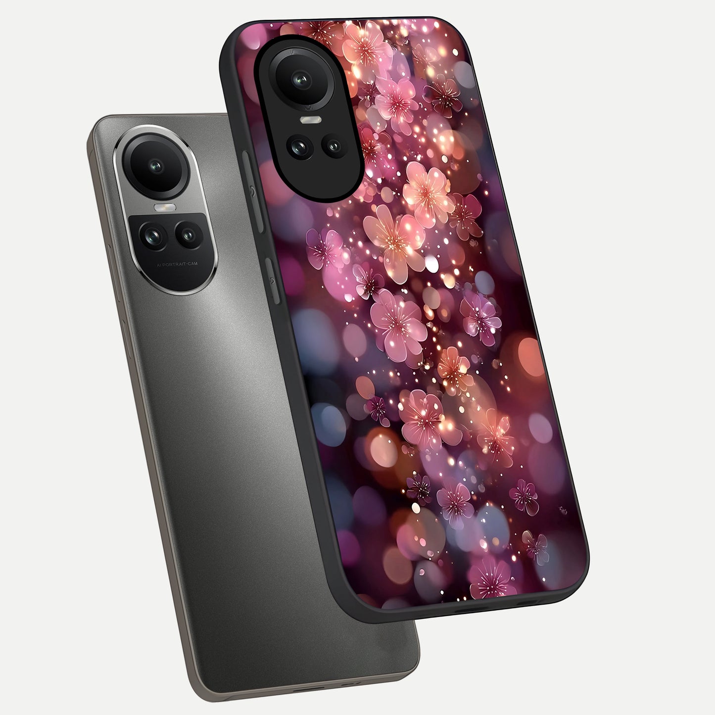  Glowing Petal Bliss phone case For Oppo Reno 10 showing premium glass back cover with detailed artwork