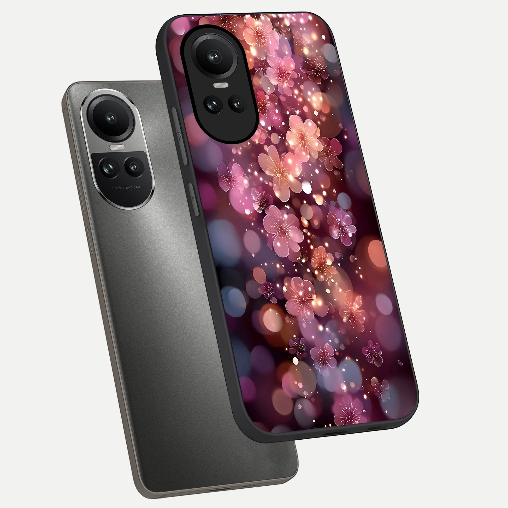  Glowing Petal Bliss phone case For Oppo Reno 10 showing premium glass back cover with detailed artwork