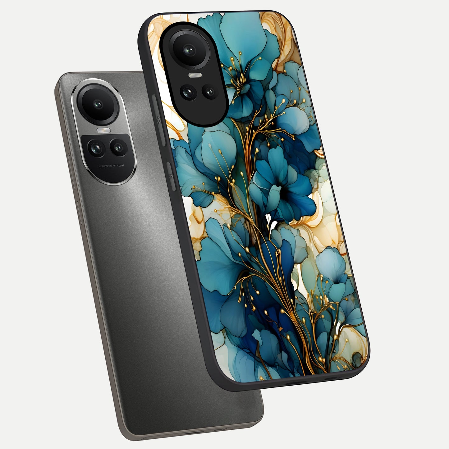  Golden Bloom Symphony phone case For Oppo Reno 10 showing premium glass back cover with detailed artwork