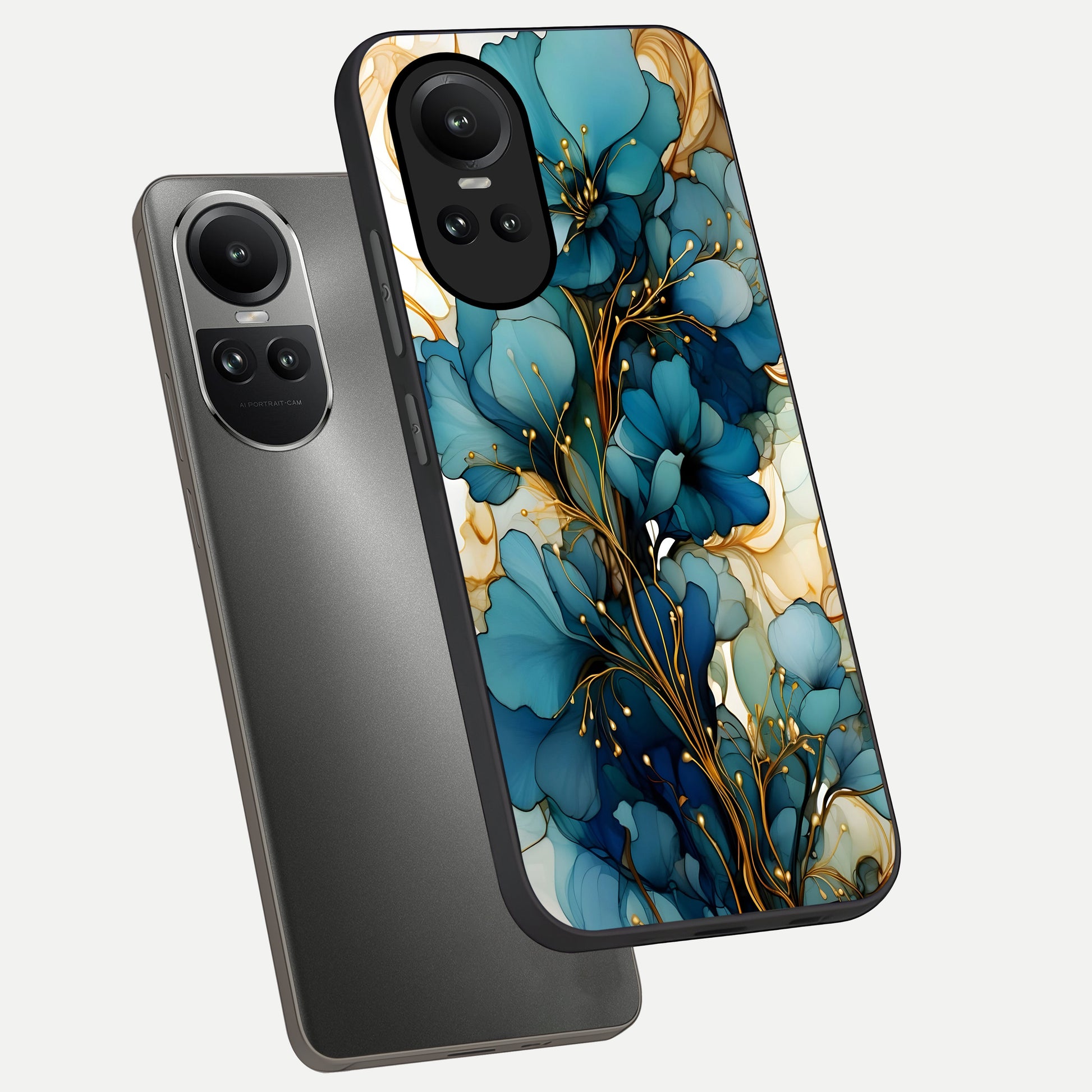  Golden Bloom Symphony phone case For Oppo Reno 10 showing premium glass back cover with detailed artwork
