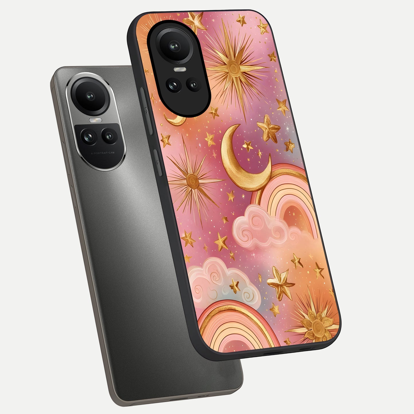  Golden Celestial Dreams phone case For Oppo Reno 10 showing premium glass back cover with detailed artwork