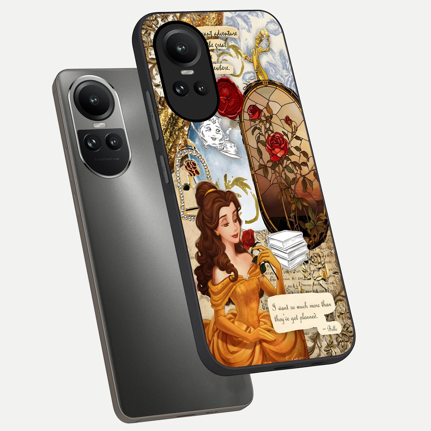  Golden Dream Belle phone case For Oppo Reno 10 showing premium glass back cover with detailed artwork