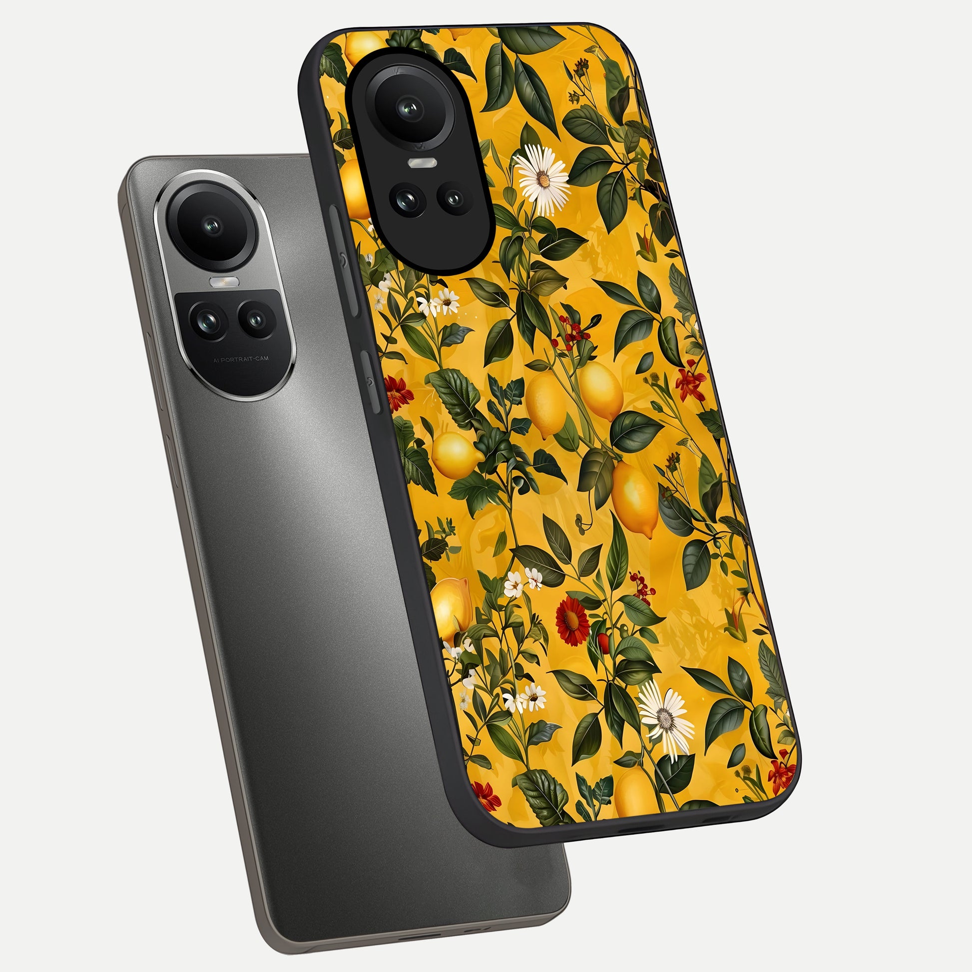  Golden Lemon Field phone case For Oppo Reno 10 showing premium glass back cover with detailed artwork