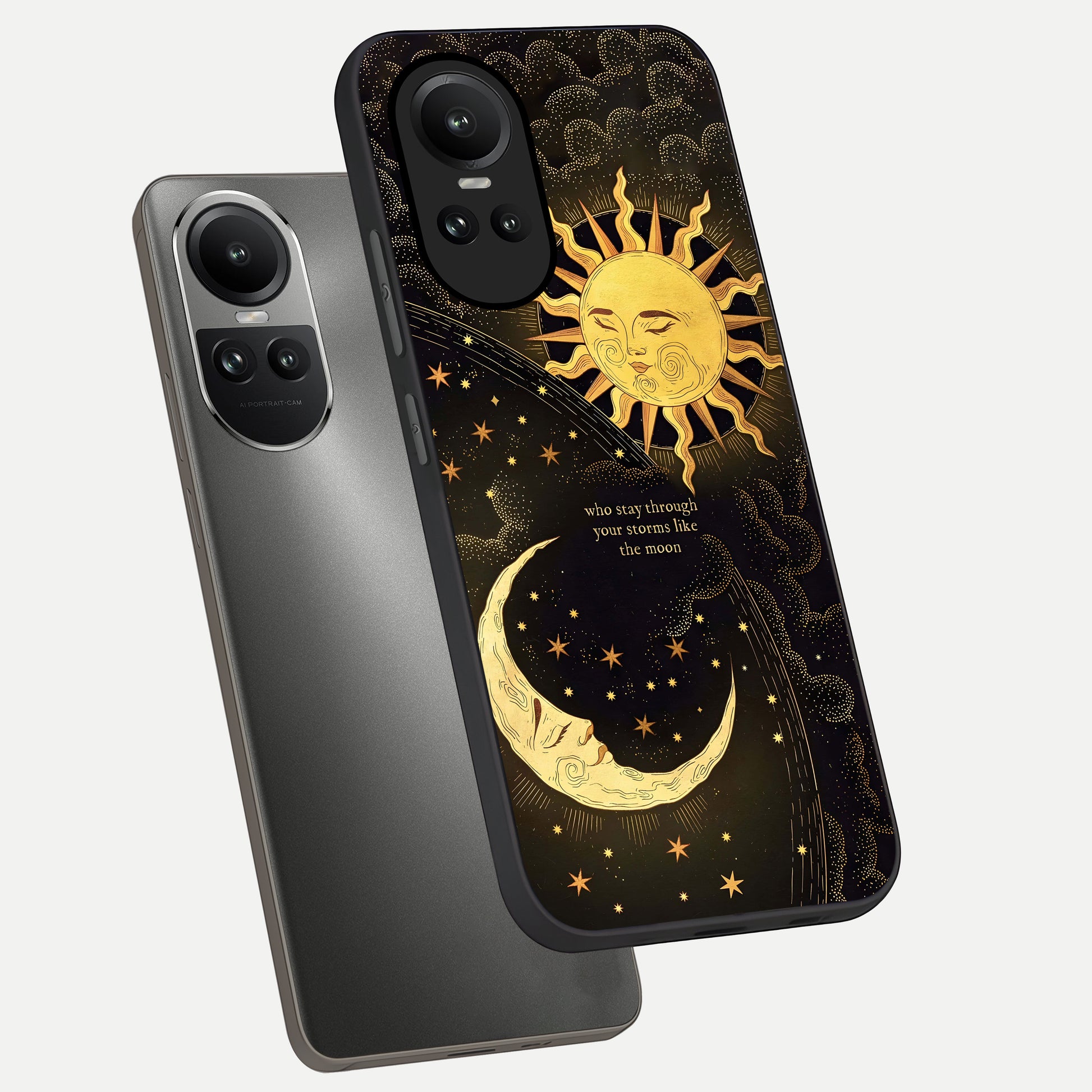  Golden Lunar Love phone case For Oppo Reno 10 showing premium glass back cover with detailed artwork
