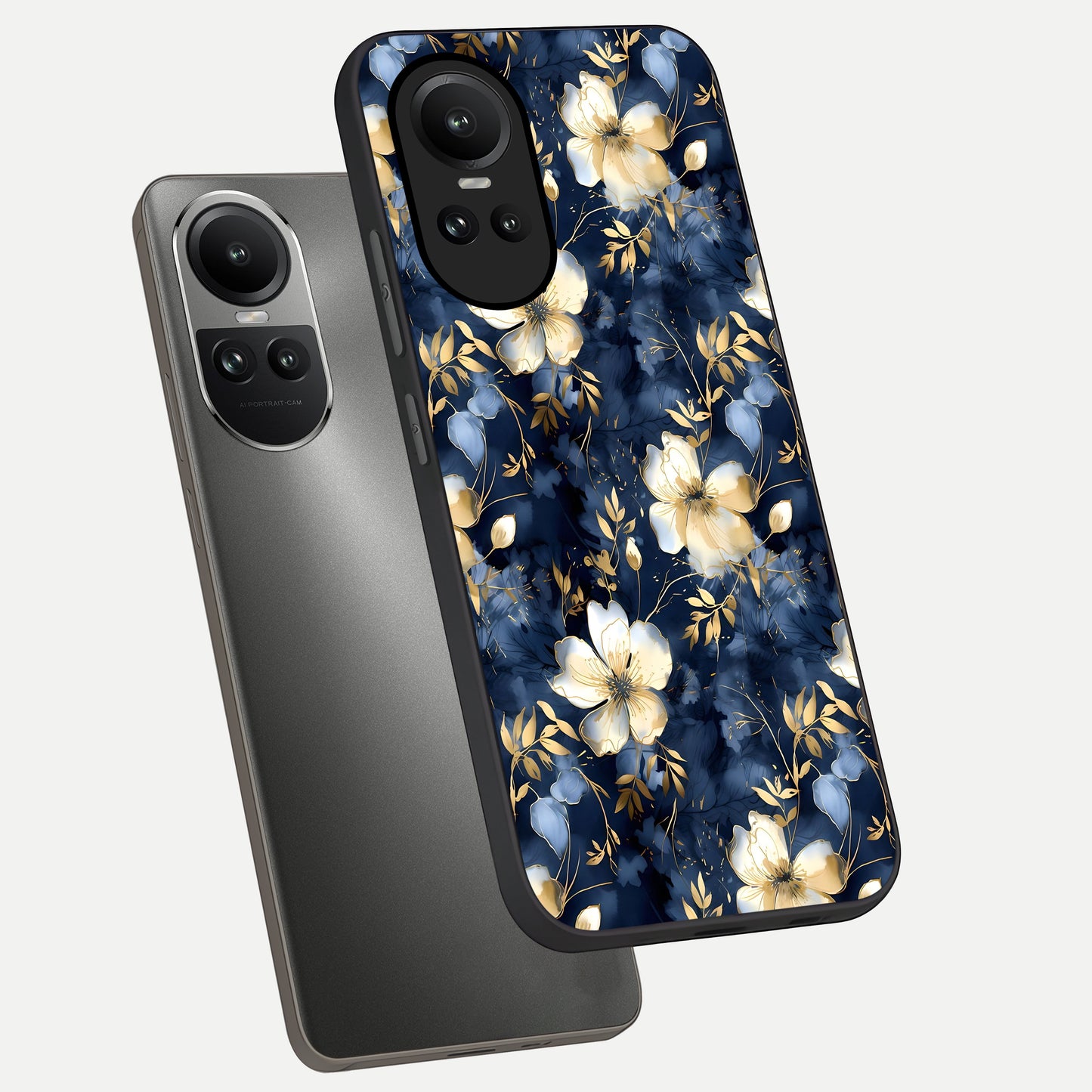  Golden Midnight Bloom phone case For Oppo Reno 10 showing premium glass back cover with detailed artwork