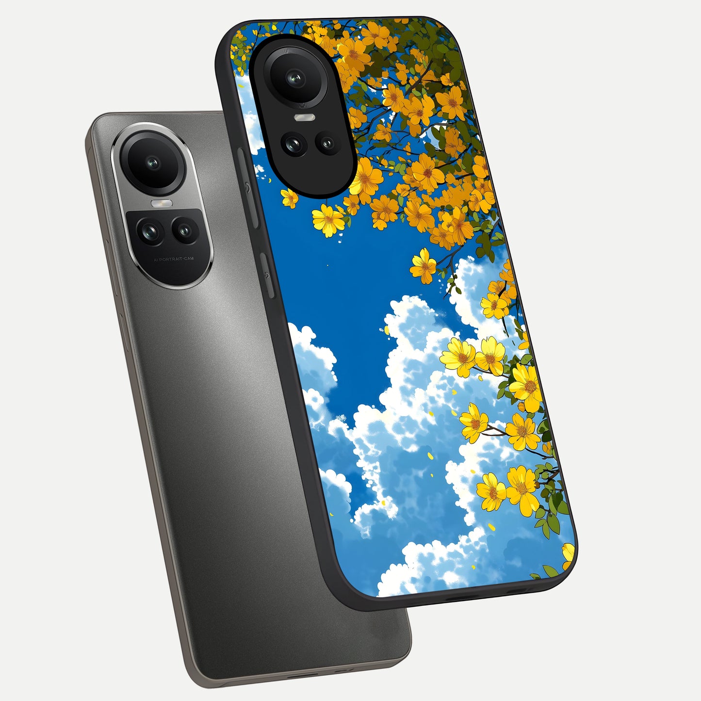  Golden Petal Sky phone case For Oppo Reno 10 showing premium glass back cover with detailed artwork