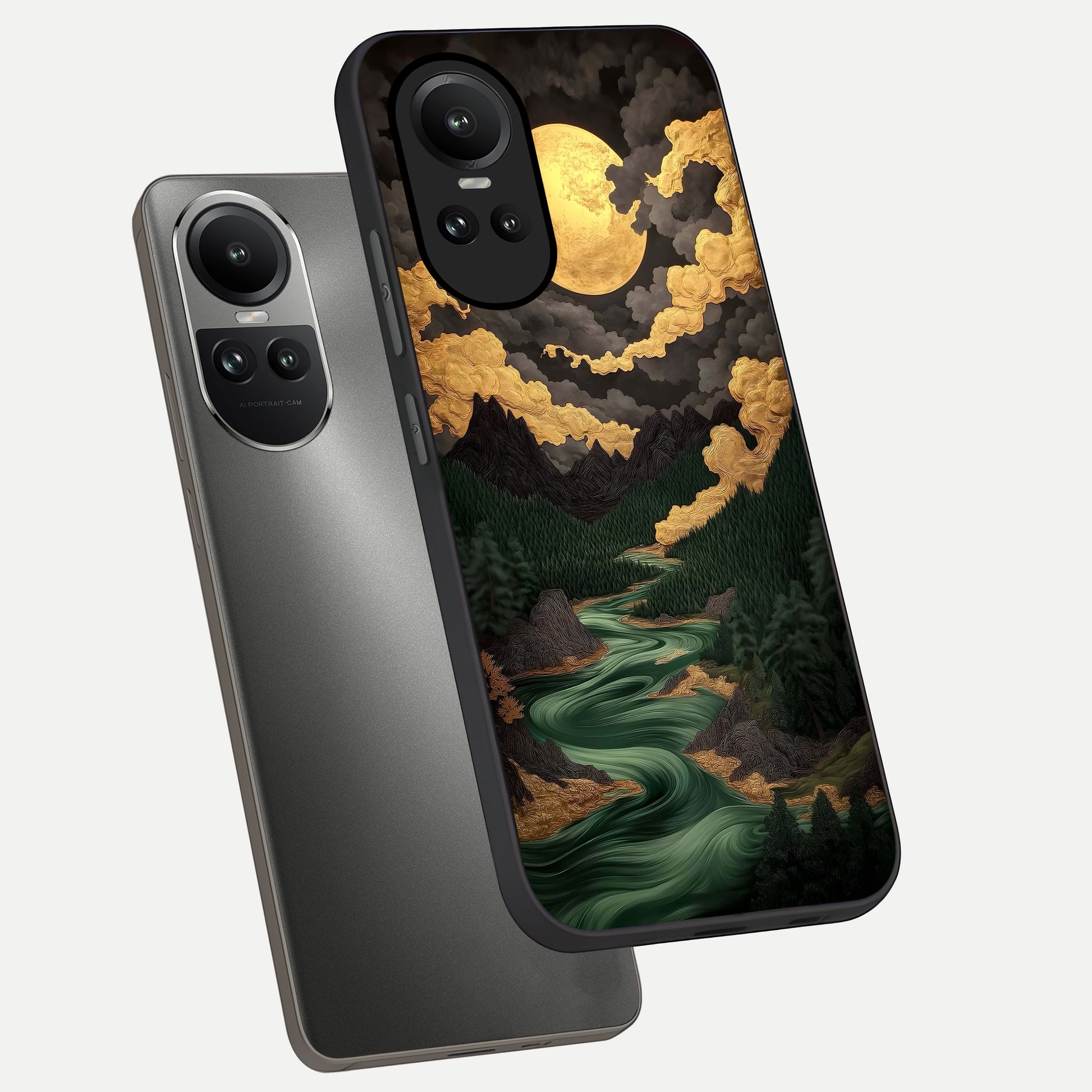  Golden River Moon phone case For Oppo Reno 10 showing premium glass back cover with detailed artwork