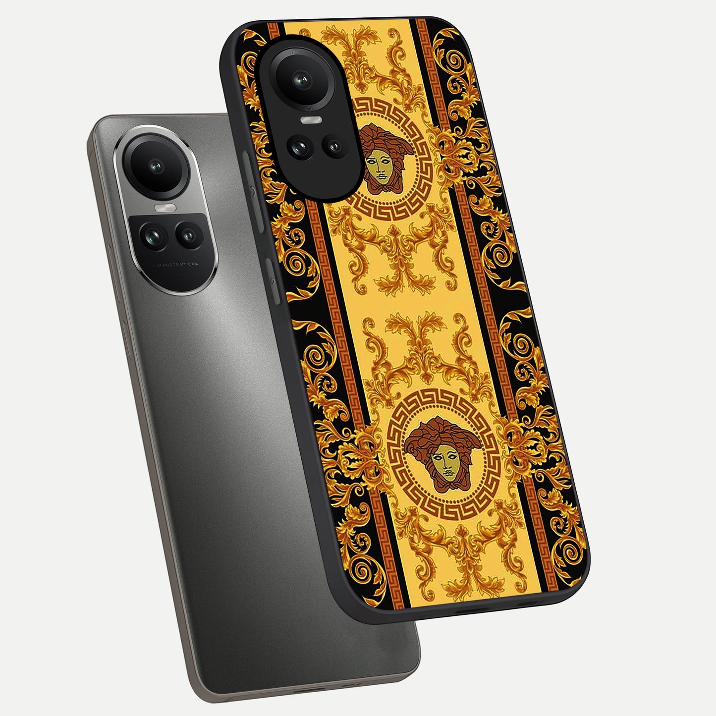  Golden Royal Heritage phone case For Oppo Reno 10 showing premium glass back cover with detailed artwork
