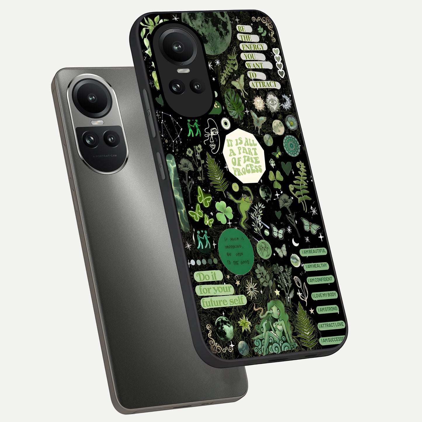  Green Mandala Pattern phone case For Oppo Reno 10 showing premium glass back cover with detailed artwork