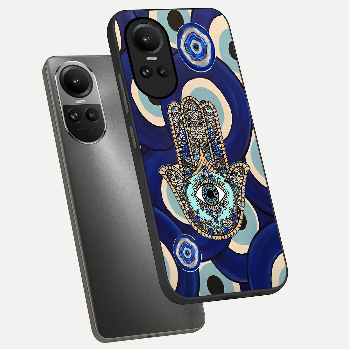  Hamsa Divine Guard phone case For Oppo Reno 10 showing premium glass back cover with detailed artwork