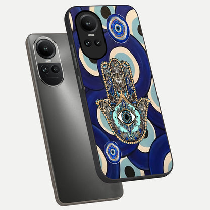  Hamsa Divine Guard phone case For Oppo Reno 10 showing premium glass back cover with detailed artwork