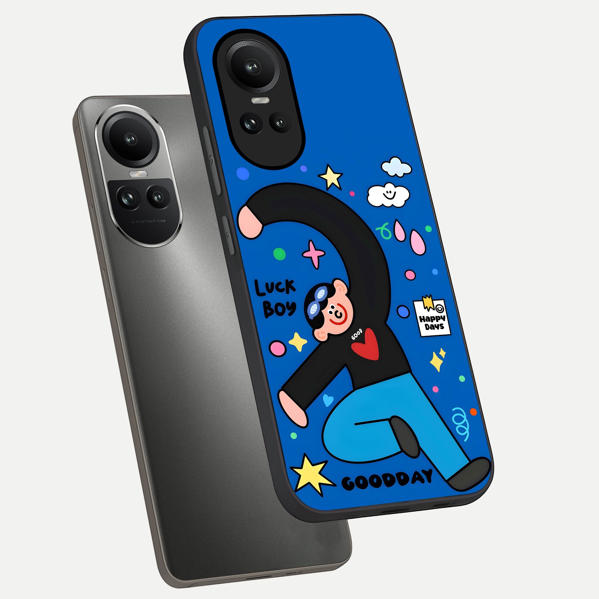  Happy Luck Vibe phone case For Oppo Reno 10 showing premium glass back cover with detailed artwork