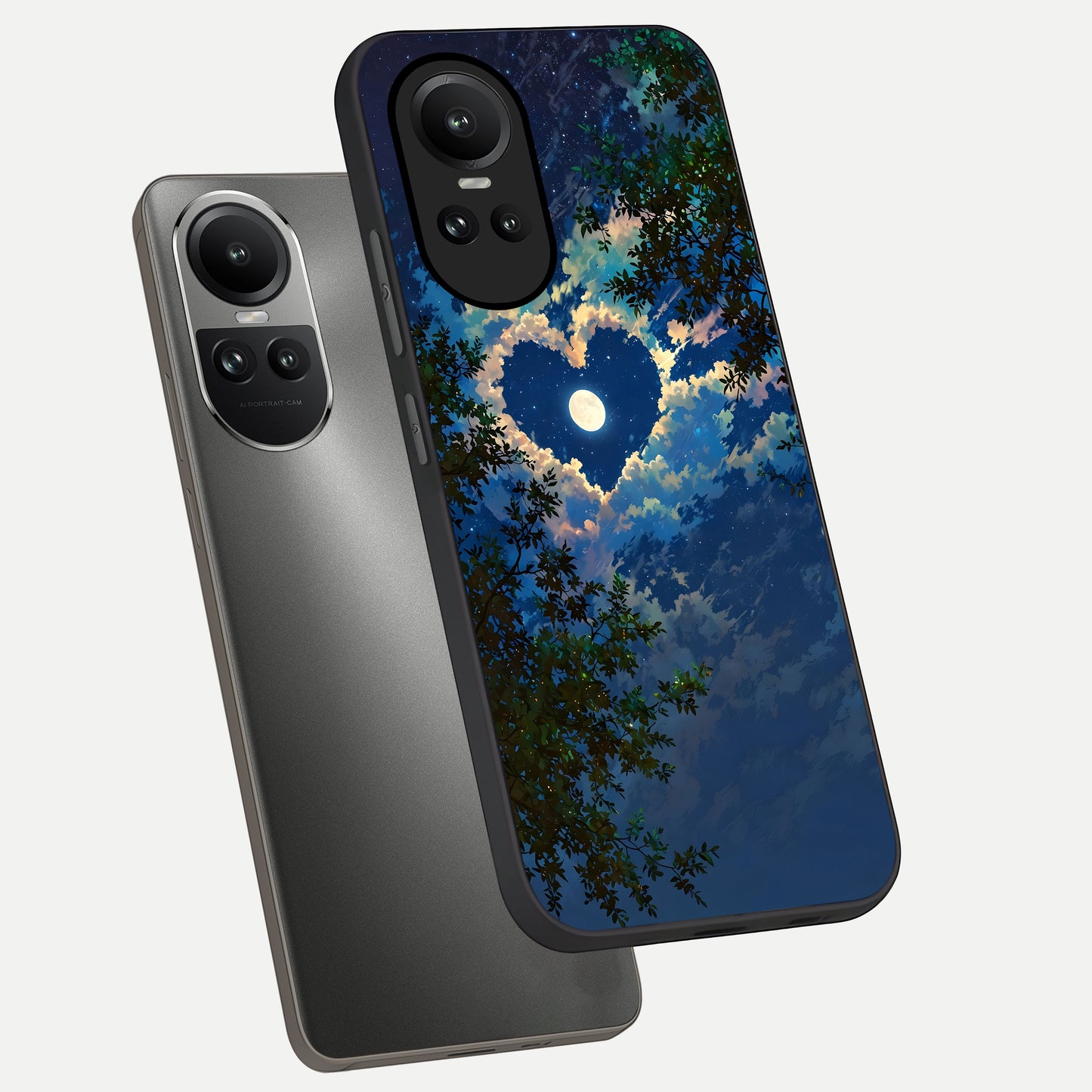  Heart With Moon Sky phone case For Oppo Reno 10 showing premium glass back cover with detailed artwork