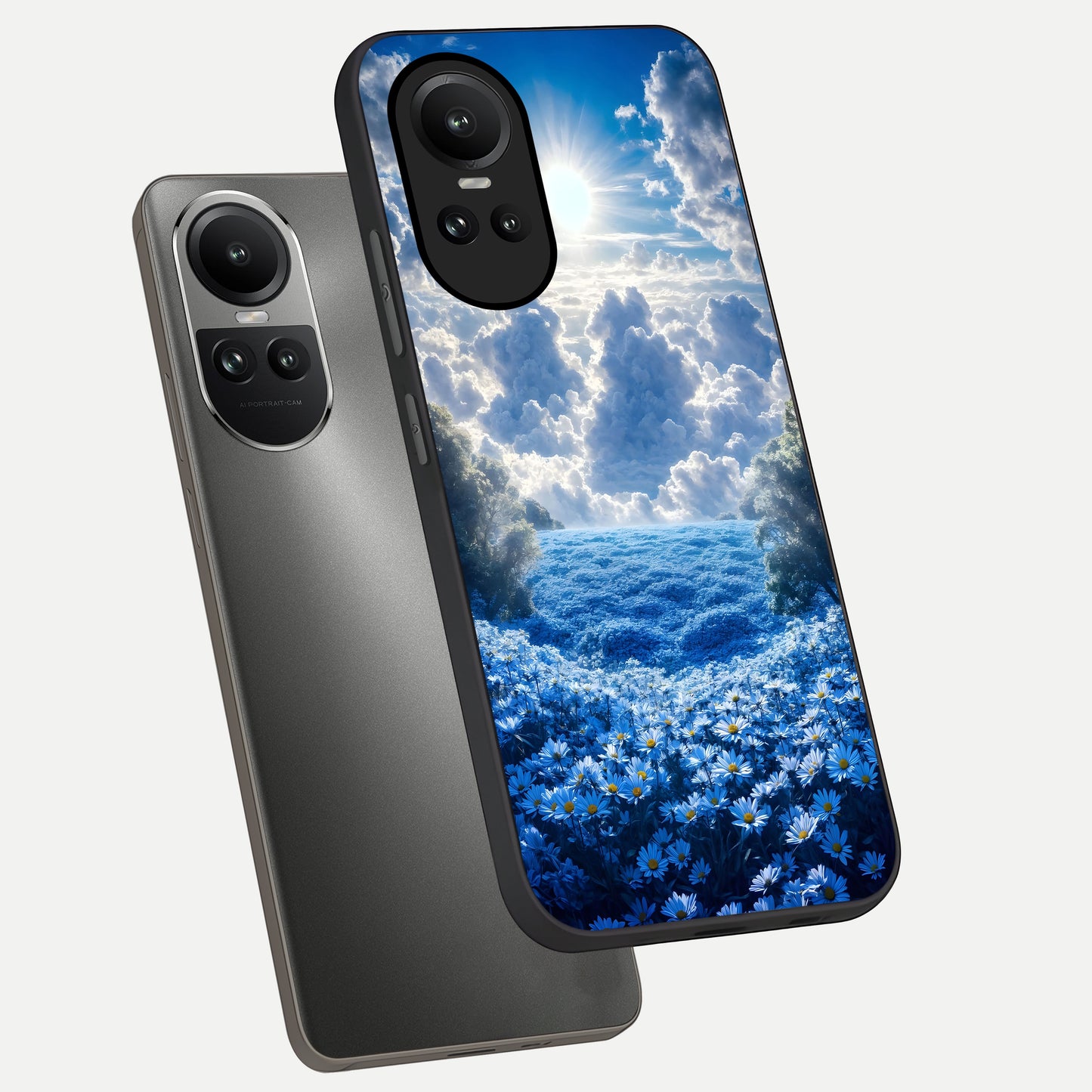  Heavenly Daisy Horizon phone case For Oppo Reno 10 showing premium glass back cover with detailed artwork