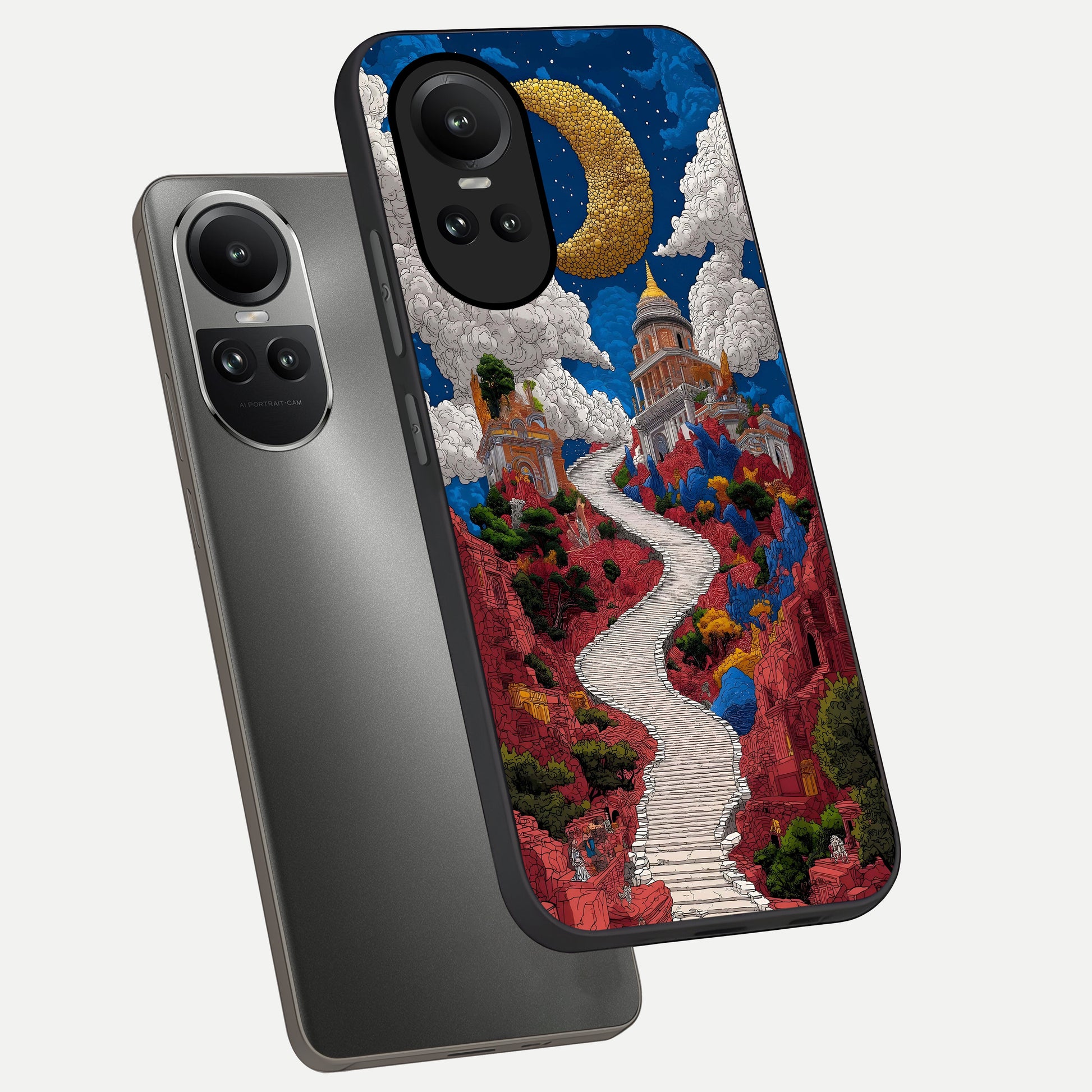  Heavenly Moon Path phone case For Oppo Reno 10 showing premium glass back cover with detailed artwork