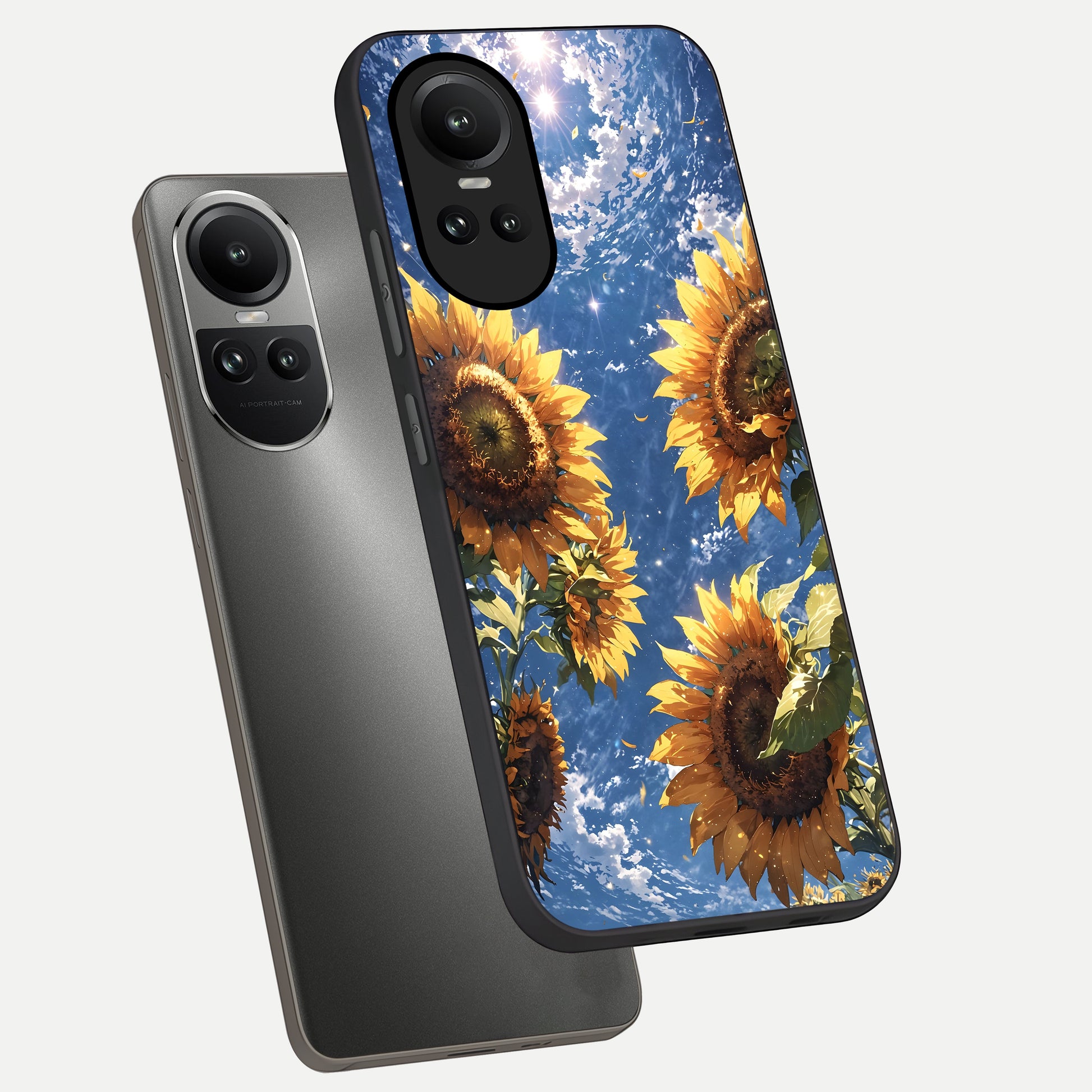  Heavenly Sunflower Rise phone case For Oppo Reno 10 showing premium glass back cover with detailed artwork