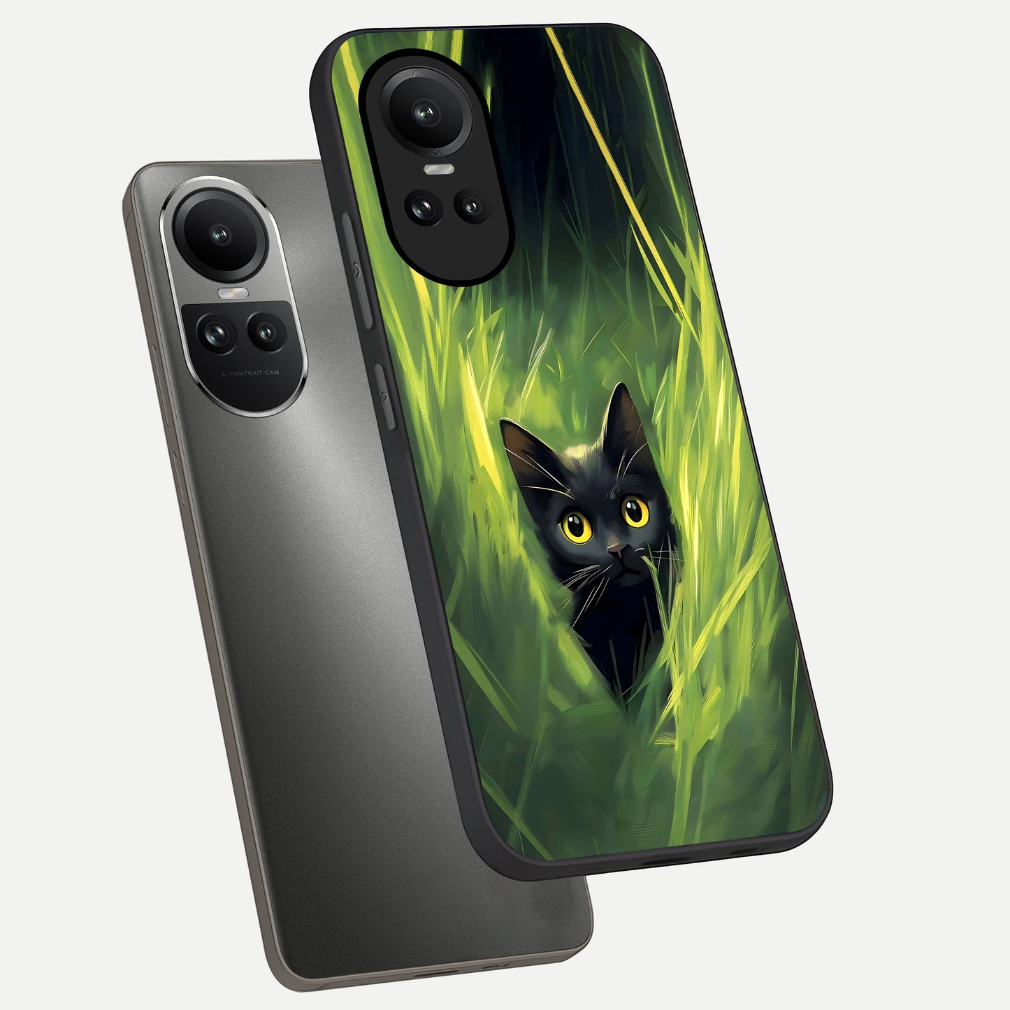  Hidden Cat Whisper phone case For Oppo Reno 10 showing premium glass back cover with detailed artwork