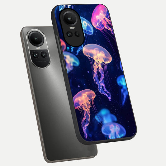  Jellyfish Pattern phone case For Oppo Reno 10 showing premium glass back cover with detailed artwork