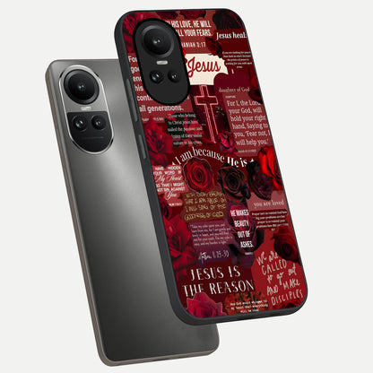  Jesus Love Heals phone case For Oppo Reno 10 showing premium glass back cover with detailed artwork