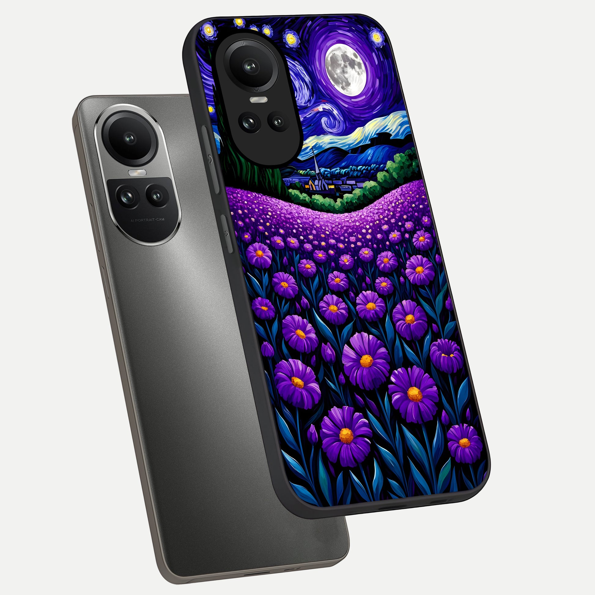  Lavender Moon Field phone case For Oppo Reno 10 showing premium glass back cover with detailed artwork