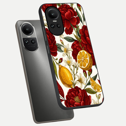  Lemon Rose Charm phone case For Oppo Reno 10 showing premium glass back cover with detailed artwork