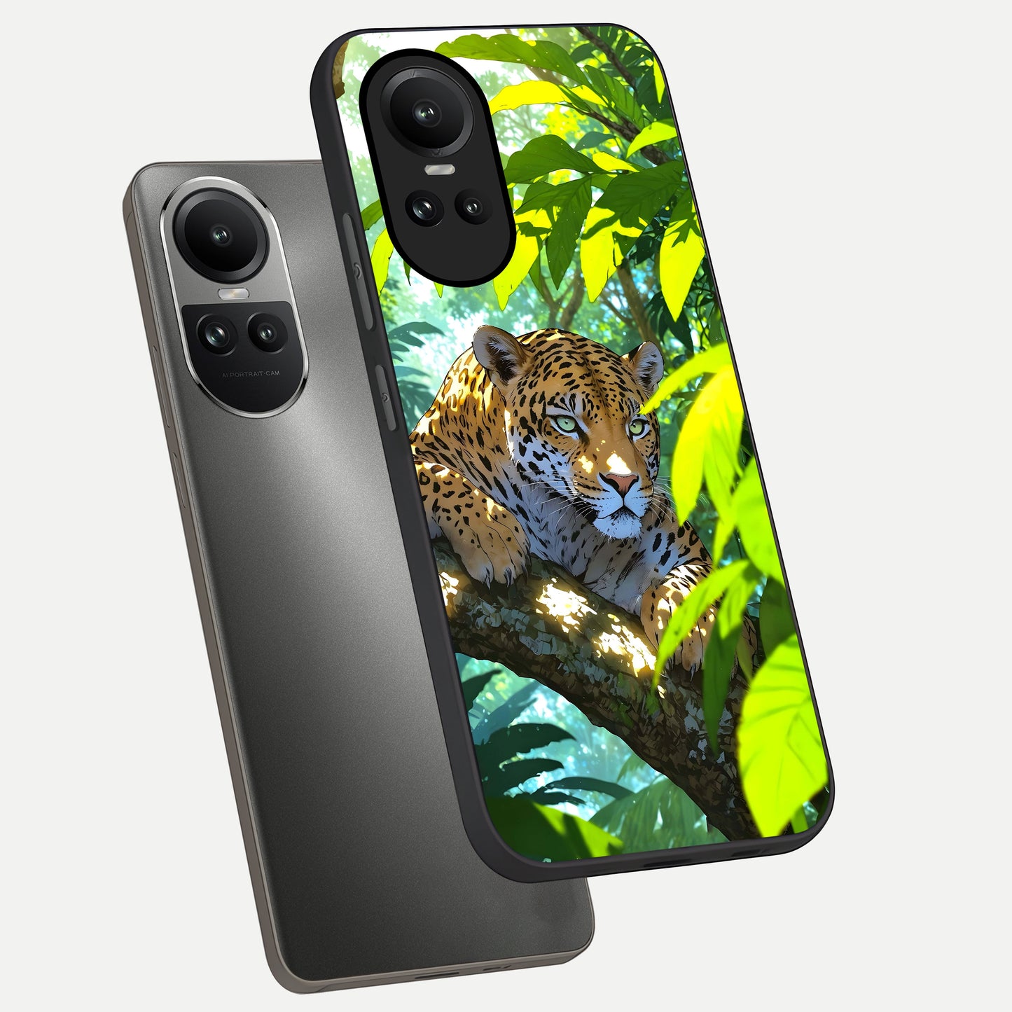  Leopard in Jungle phone case For Oppo Reno 10 showing premium glass back cover with detailed artwork