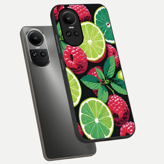  Lime and Raspberry Pattern phone case For Oppo Reno 10 showing premium glass back cover with detailed artwork