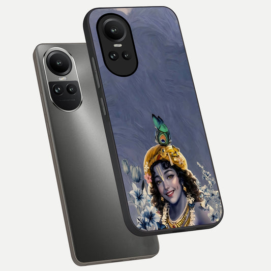  Lord Krishna phone case For Oppo Reno 10 showing premium glass back cover with detailed artwork