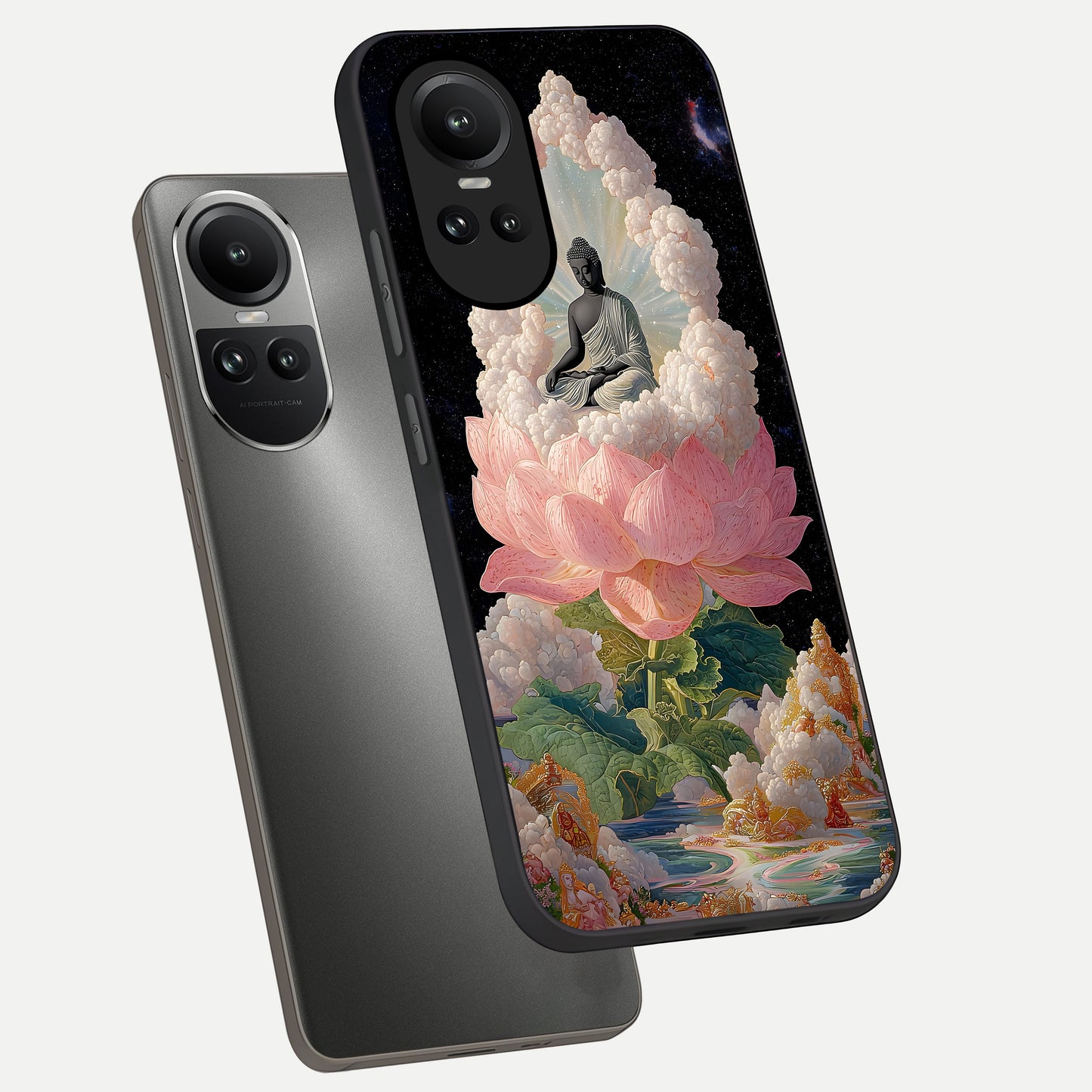  Lotus Divine Peace phone case For Oppo Reno 10 showing premium glass back cover with detailed artwork