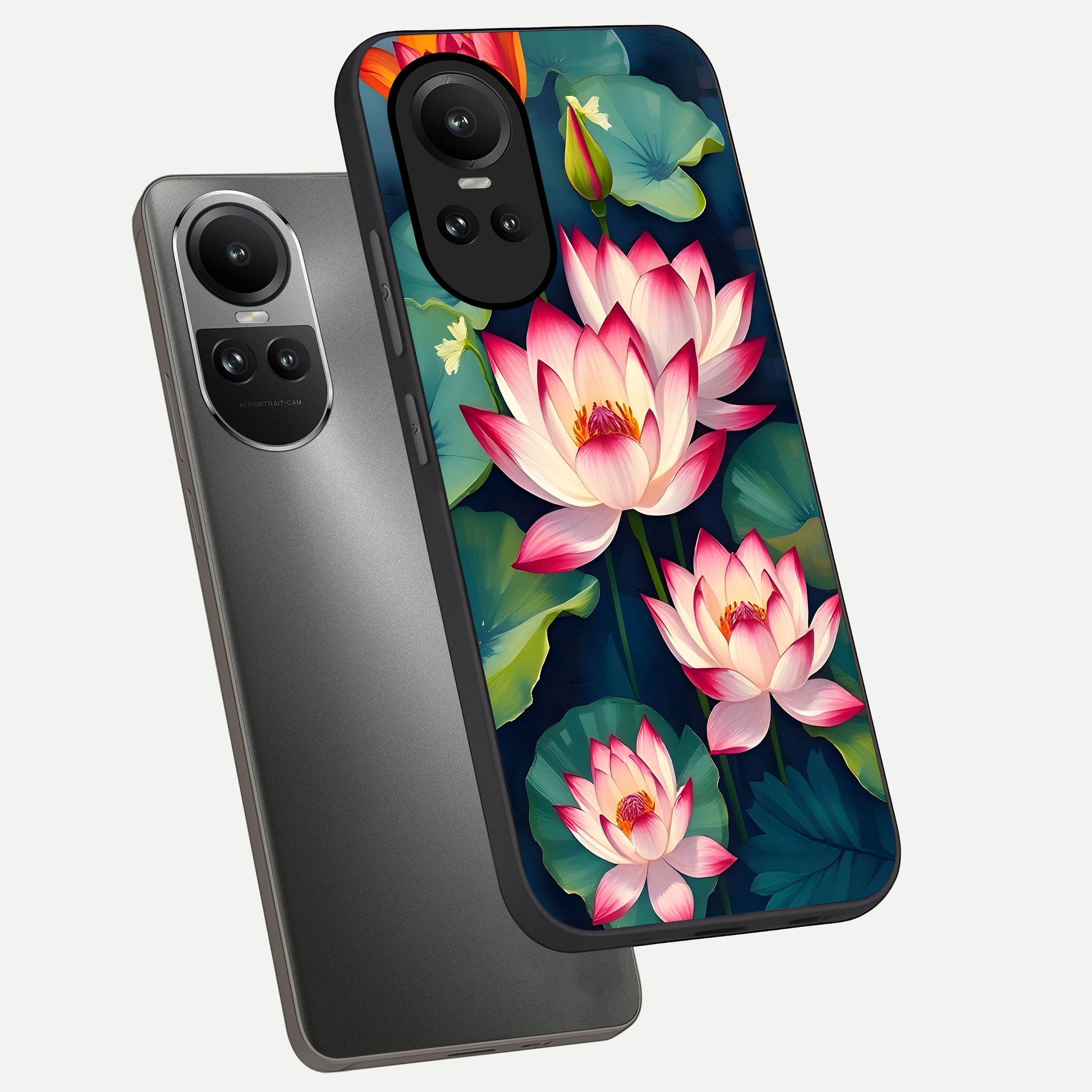  Lotus Dream Serenity phone case For Oppo Reno 10 showing premium glass back cover with detailed artwork