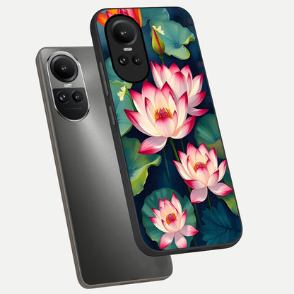  Lotus Dream Serenity phone case For Oppo Reno 10 showing premium glass back cover with detailed artwork