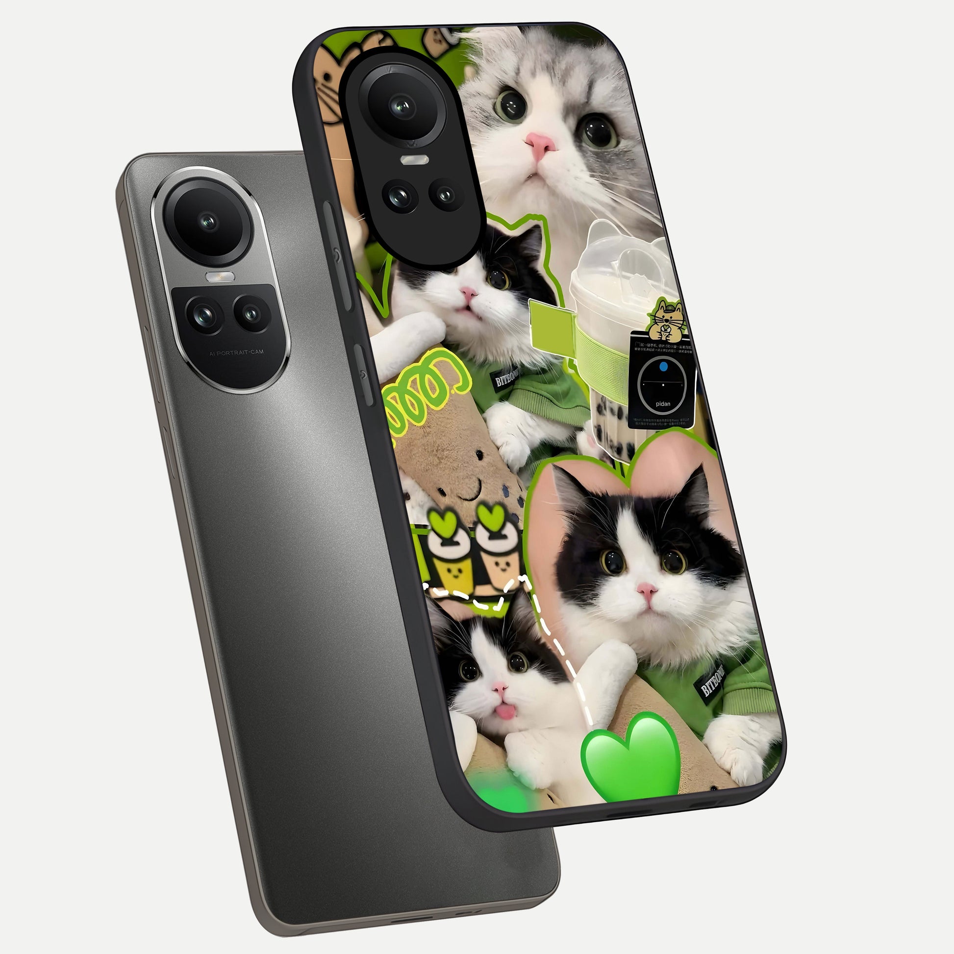  Matcha Cats Mood phone case For Oppo Reno 10 showing premium glass back cover with detailed artwork