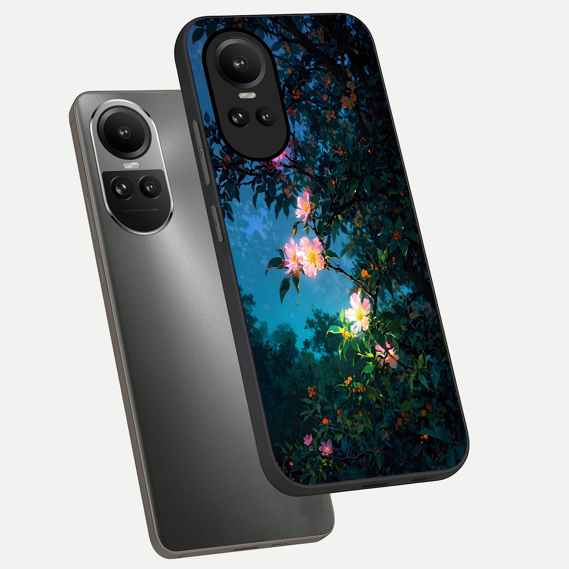  Midnight Bloom Glow phone case For Oppo Reno 10 showing premium glass back cover with detailed artwork