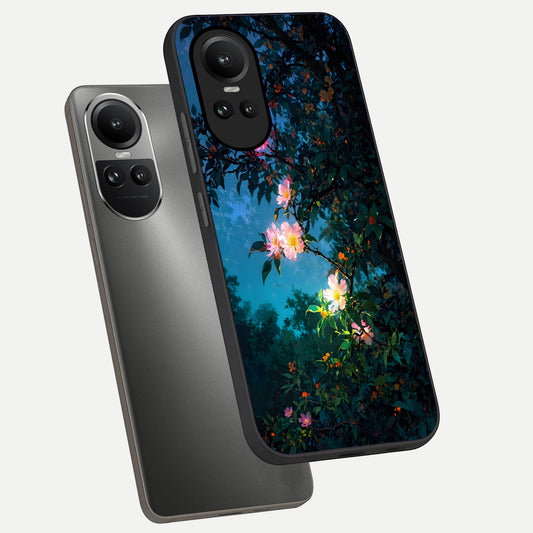  Midnight Bloom Glow phone case For Oppo Reno 10 showing premium glass back cover with detailed artwork