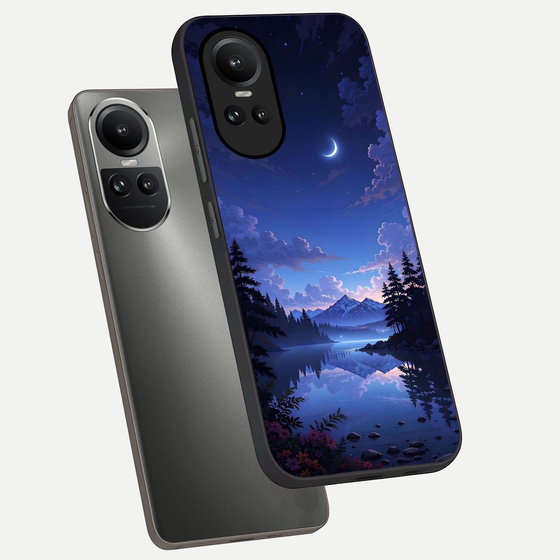 Midnight Lake Peace phone case For Oppo Reno 10 showing premium glass back cover with detailed artwork
