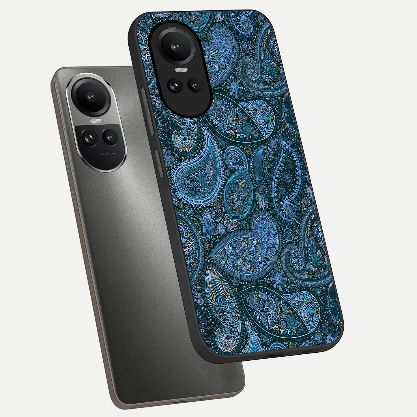  Midnight Paisley Glow phone case For Oppo Reno 10 showing premium glass back cover with detailed artwork