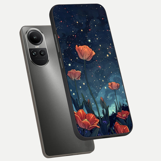  Midnight Tulip Glow phone case For Oppo Reno 10 showing premium glass back cover with detailed artwork